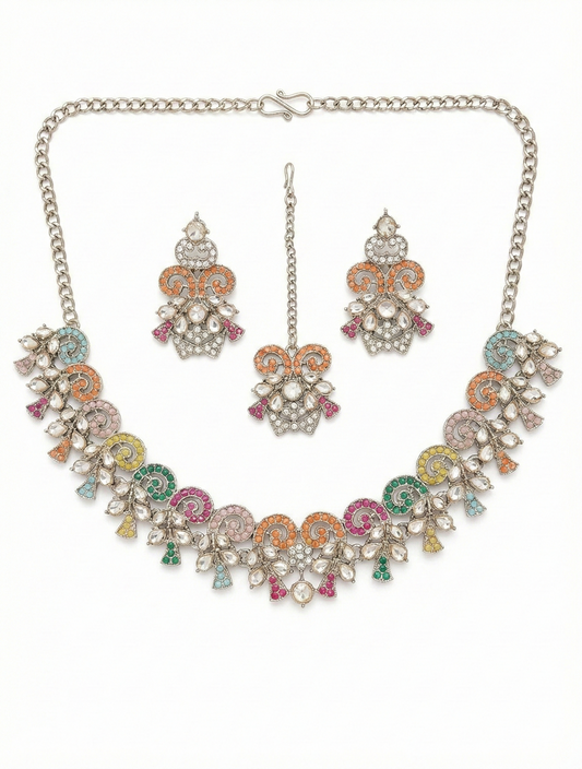 Close-up view of premium artificial Navratna Style Multi Color Floral Polki Necklace Set with Maang Tikka & Earrings by Innovate Art Impex.