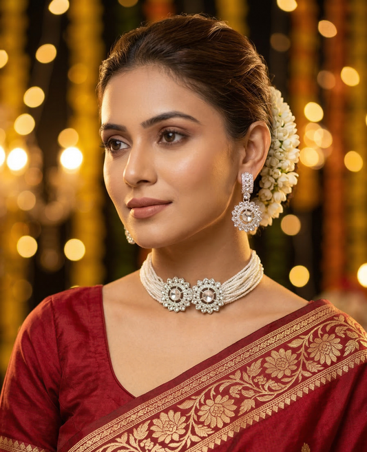 Elegant Multi-Strand Faux Pearl Choker Set with Floral Motifs