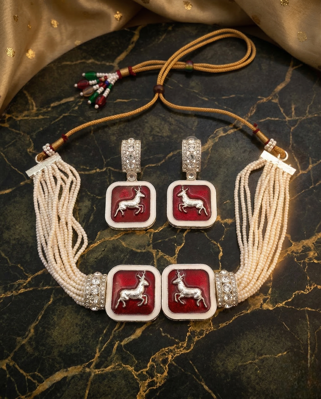 Close-up view of premium artificial Multi-Strand Faux Pearl Choker Set with Enamel Deer Motif by Innovate Art Impex.