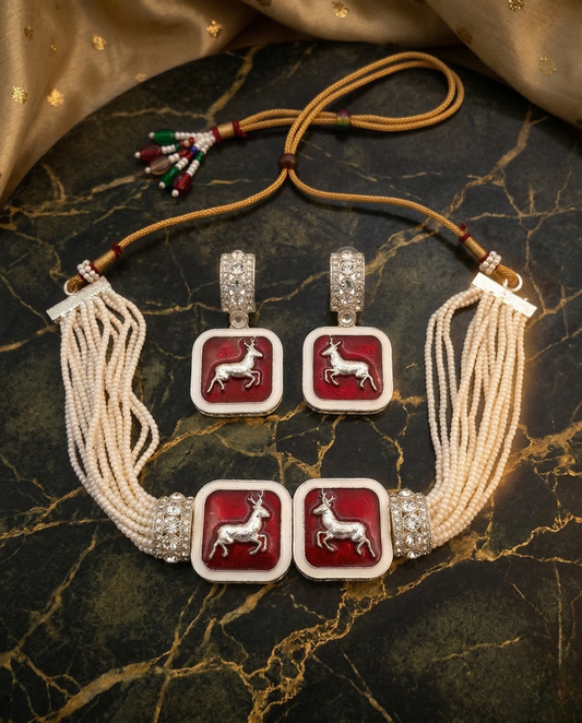 Close-up view of premium artificial Multi-Strand Faux Pearl Choker Set with Enamel Deer Motif by Innovate Art Impex.