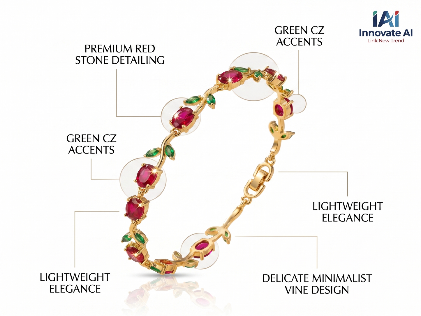 Gold-Toned Botanical Vine Link Bracelet with Premium Red Stones & Green CZ Accents