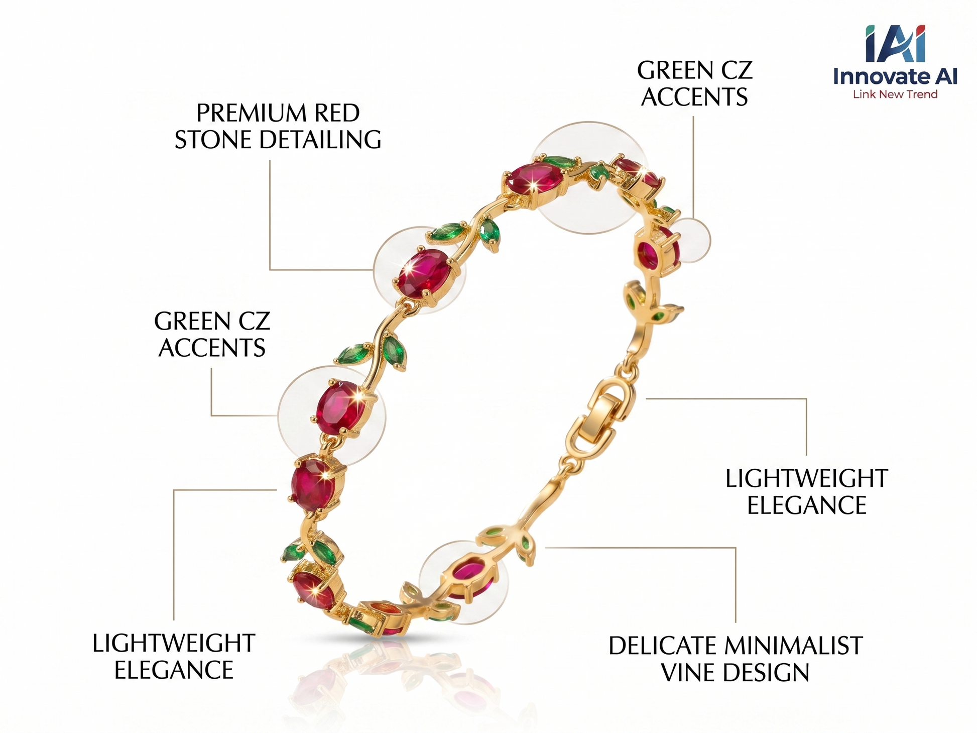 Gold-Toned Botanical Vine Link Bracelet with Premium Red Stones & Green CZ Accents