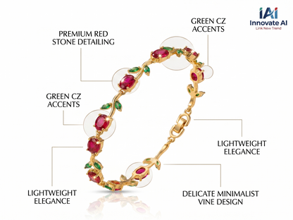 Gold-Toned Botanical Vine Link Bracelet with Premium Red Stones & Green CZ Accents