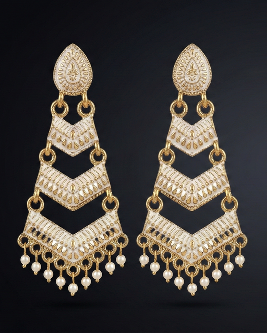 Close-up view of premium artificial White Meenakari Gold Plated Layered Drop Earrings with Pearl Hanging by Innovate Art Impex.