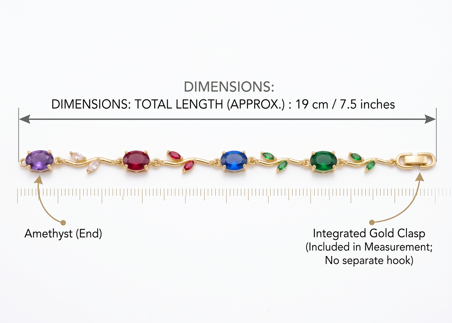 Rainbow Vine Multi-Gemstone Bracelet - Gold Plated Botanical Leaf Link Design with Oval Ruby, Sapphire, Emerald, Amethyst & Citrine