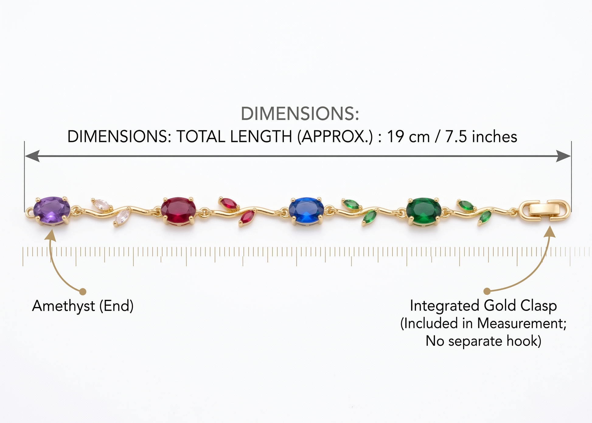 Rainbow Vine Multi-Gemstone Bracelet - Gold Plated Botanical Leaf Link Design with Oval Ruby, Sapphire, Emerald, Amethyst & Citrine