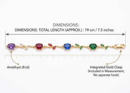 Rainbow Vine Multi-Gemstone Bracelet - Gold Plated Botanical Leaf Link Design with Oval Ruby, Sapphire, Emerald, Amethyst & Citrine