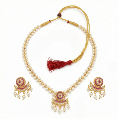 Close-up view of premium artificial Traditional Pearl Choker Necklace Set with Ruby Pendant | Innovate Art Impex by Innovate Art Impex.
