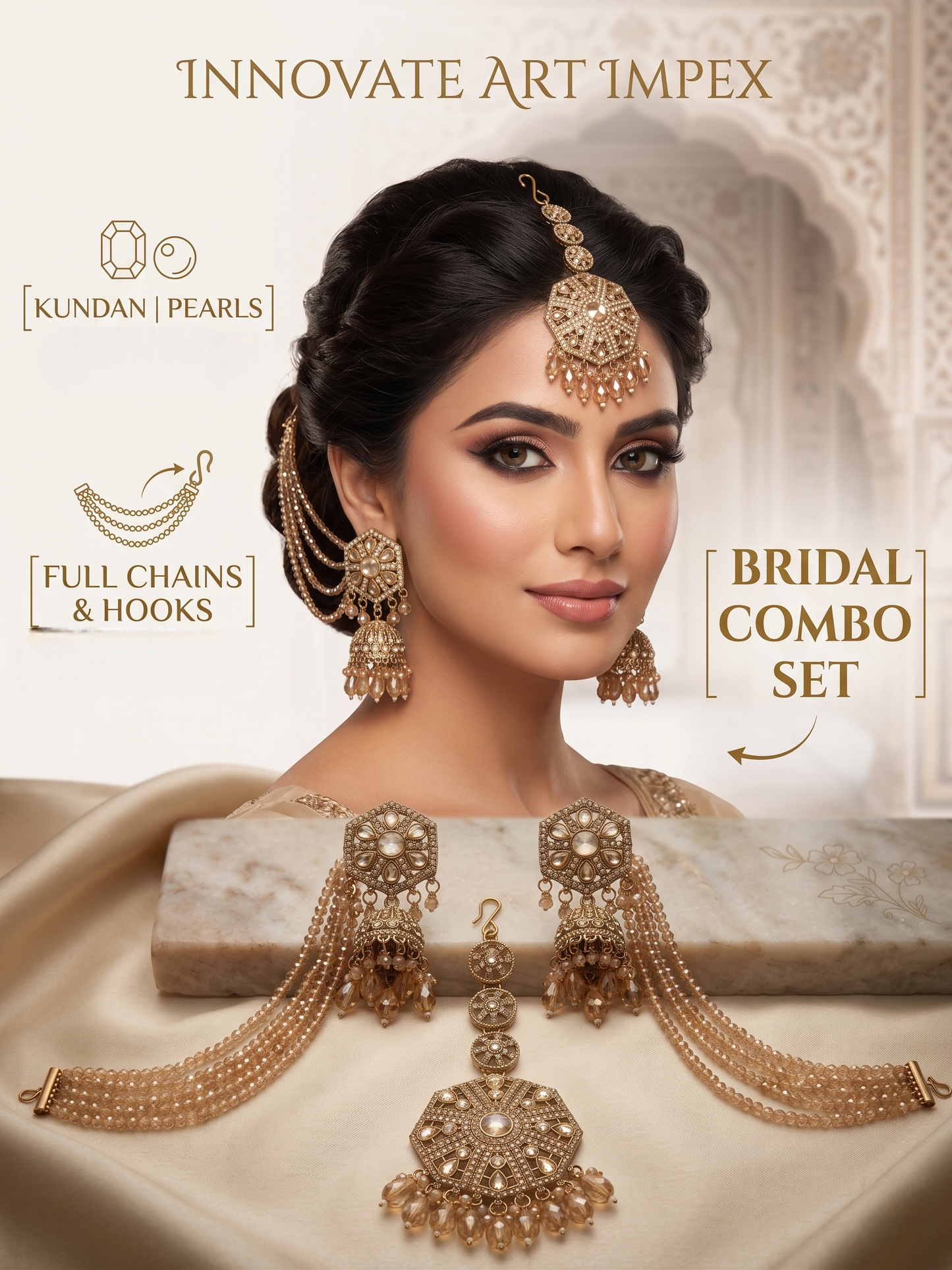 Bridal jewelry set with kundan, pearls, chains, and hooks displayed on a model.