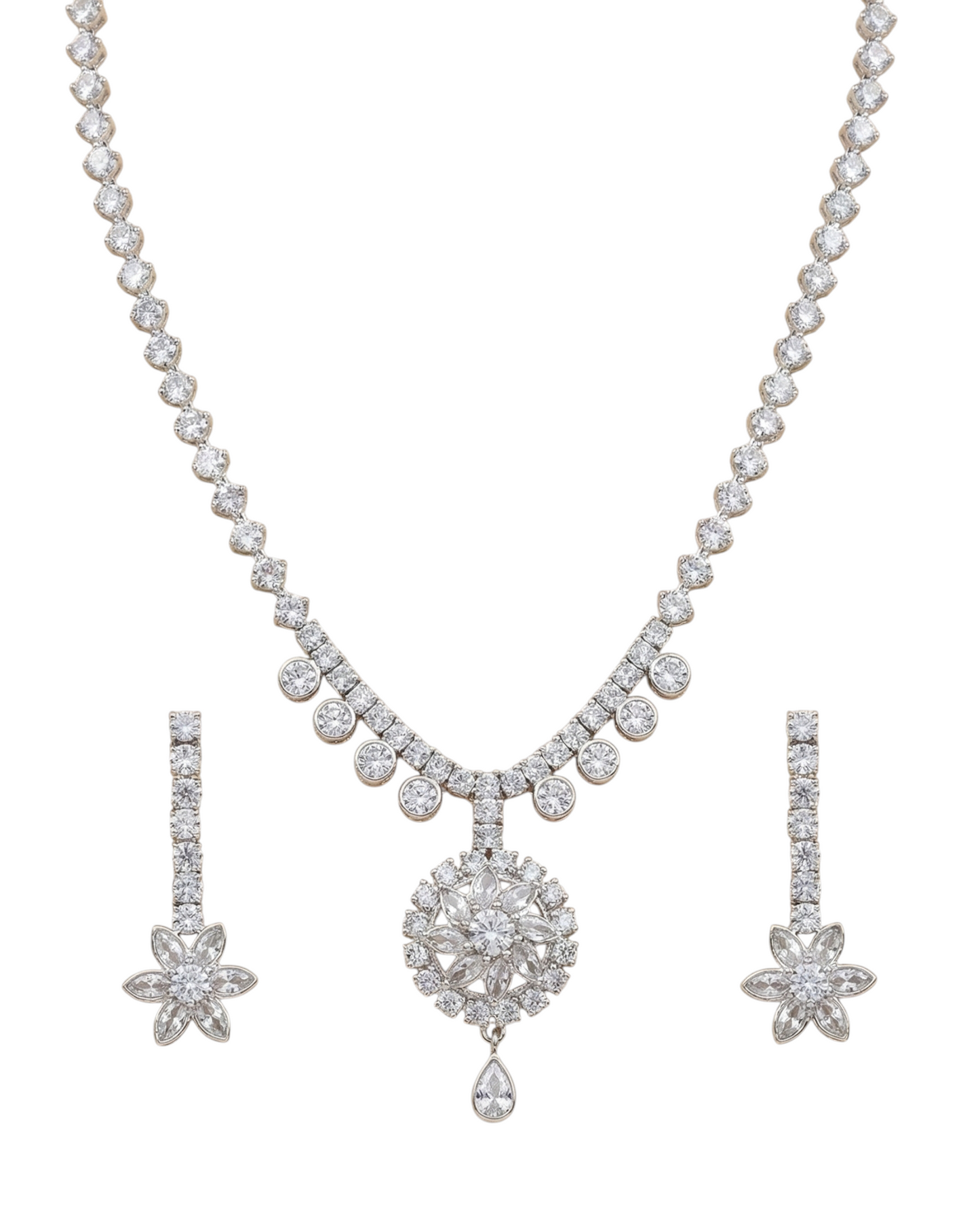 Close-up view of premium artificial Elegant Silver Floral Drop Bridal Jewelry Set (Necklace & Earrings) by Innovate Art Impex.