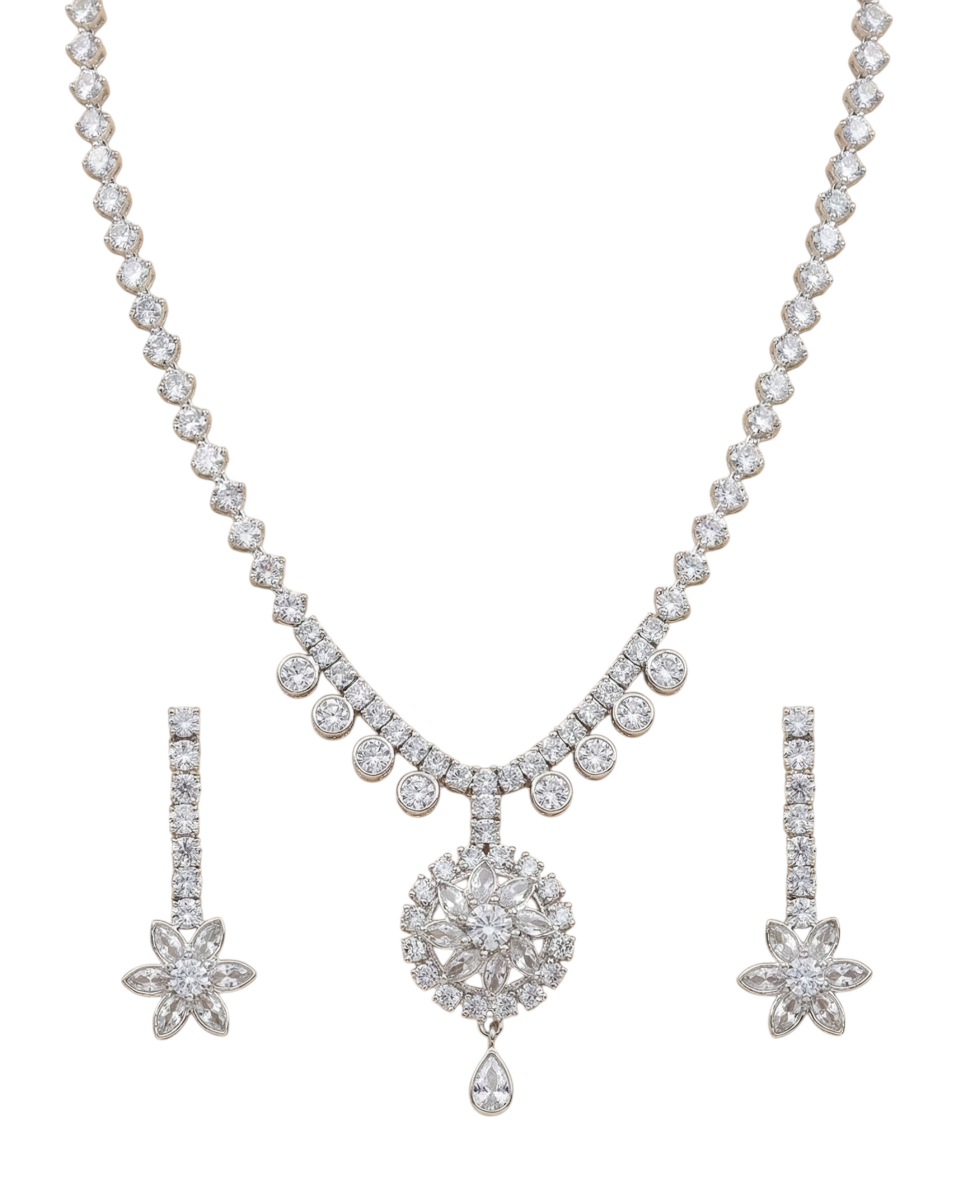 Close-up view of premium artificial Elegant Silver Floral Drop Bridal Jewelry Set (Necklace & Earrings) by Innovate Art Impex.