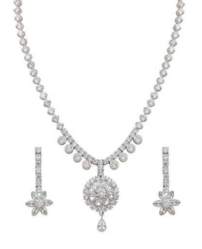 Close-up view of premium artificial Elegant Silver Floral Drop Bridal Jewelry Set (Necklace & Earrings) by Innovate Art Impex.