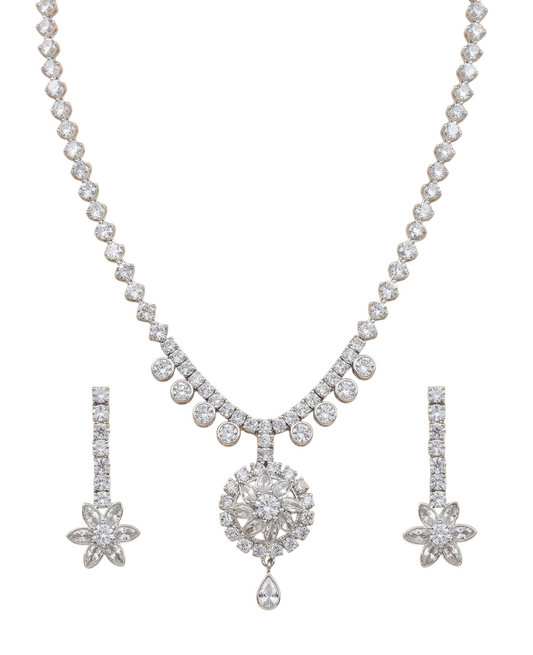Close-up view of premium artificial Elegant Silver Floral Drop Bridal Jewelry Set (Necklace & Earrings) by Innovate Art Impex.