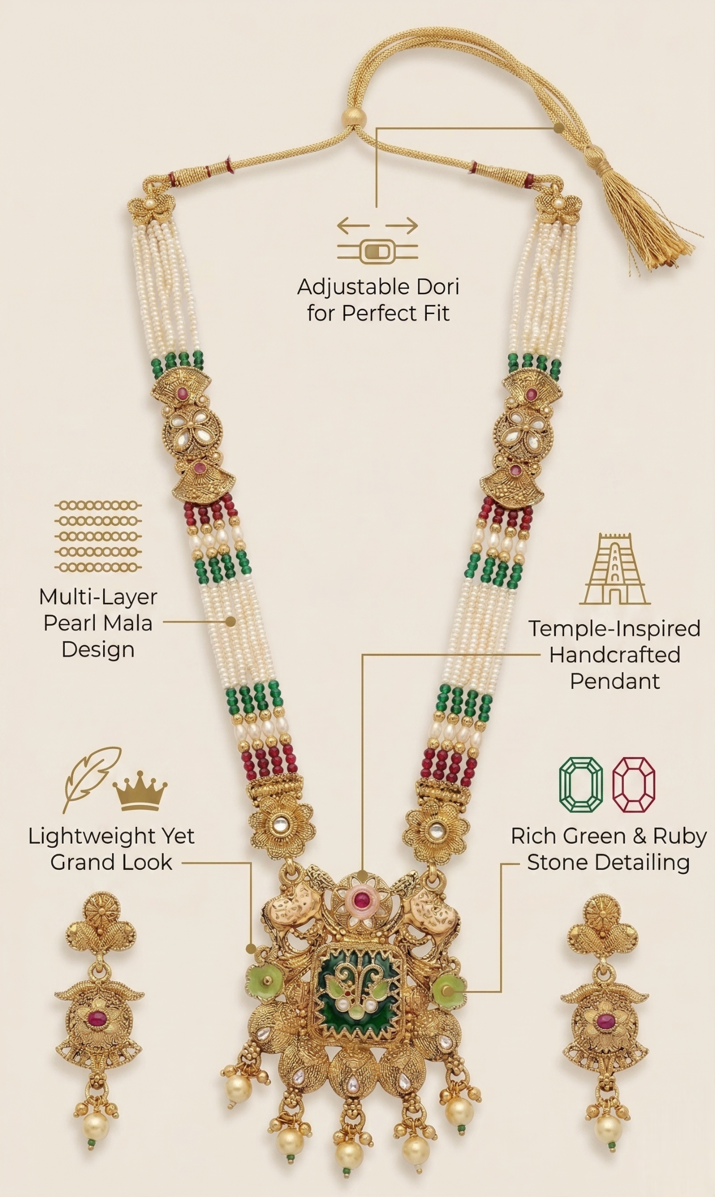 Close-up view of premium artificial Heritage Meenakari & Pearl Multi-Strand Long Necklace Set (Rani Haar) by Innovate Art Impex.