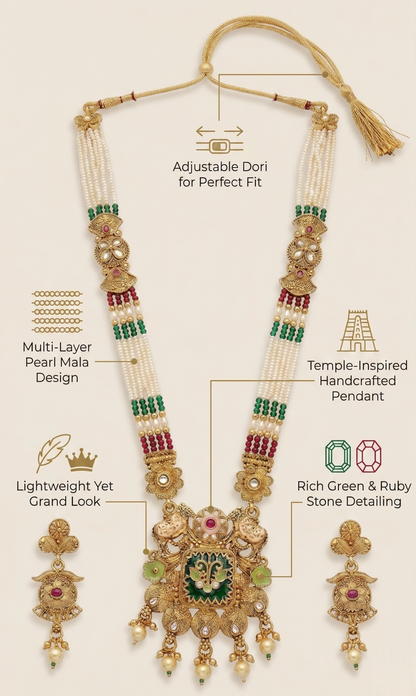 Close-up view of premium artificial Heritage Meenakari & Pearl Multi-Strand Long Necklace Set (Rani Haar) by Innovate Art Impex.