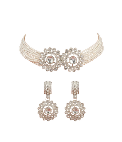 Close-up view of premium artificial Elegant Multi-Strand Faux Pearl Choker Set with Floral Motifs by Innovate Art Impex.