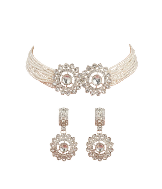 Close-up view of premium artificial Elegant Multi-Strand Faux Pearl Choker Set with Floral Motifs by Innovate Art Impex.