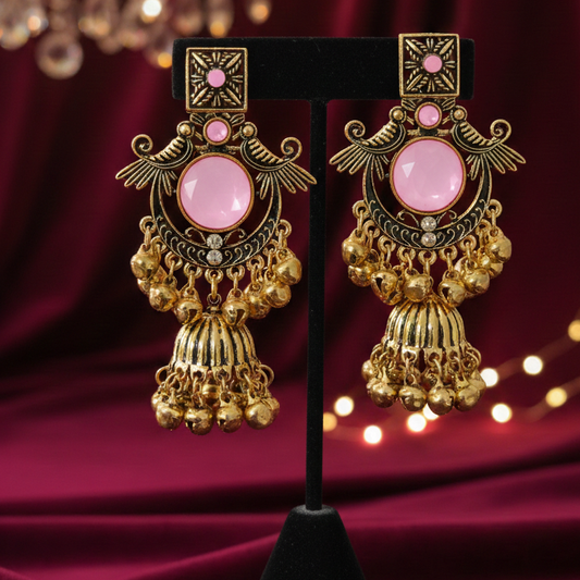 Close-up view of premium artificial Vintage Rose Pink & Antique Gold Jhumka Earrings by Innovate Art Impex.