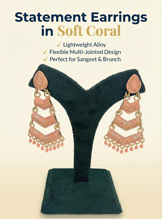 Orange Meenakari Gold Plated Layered Drop Earrings with Pearl Hanging