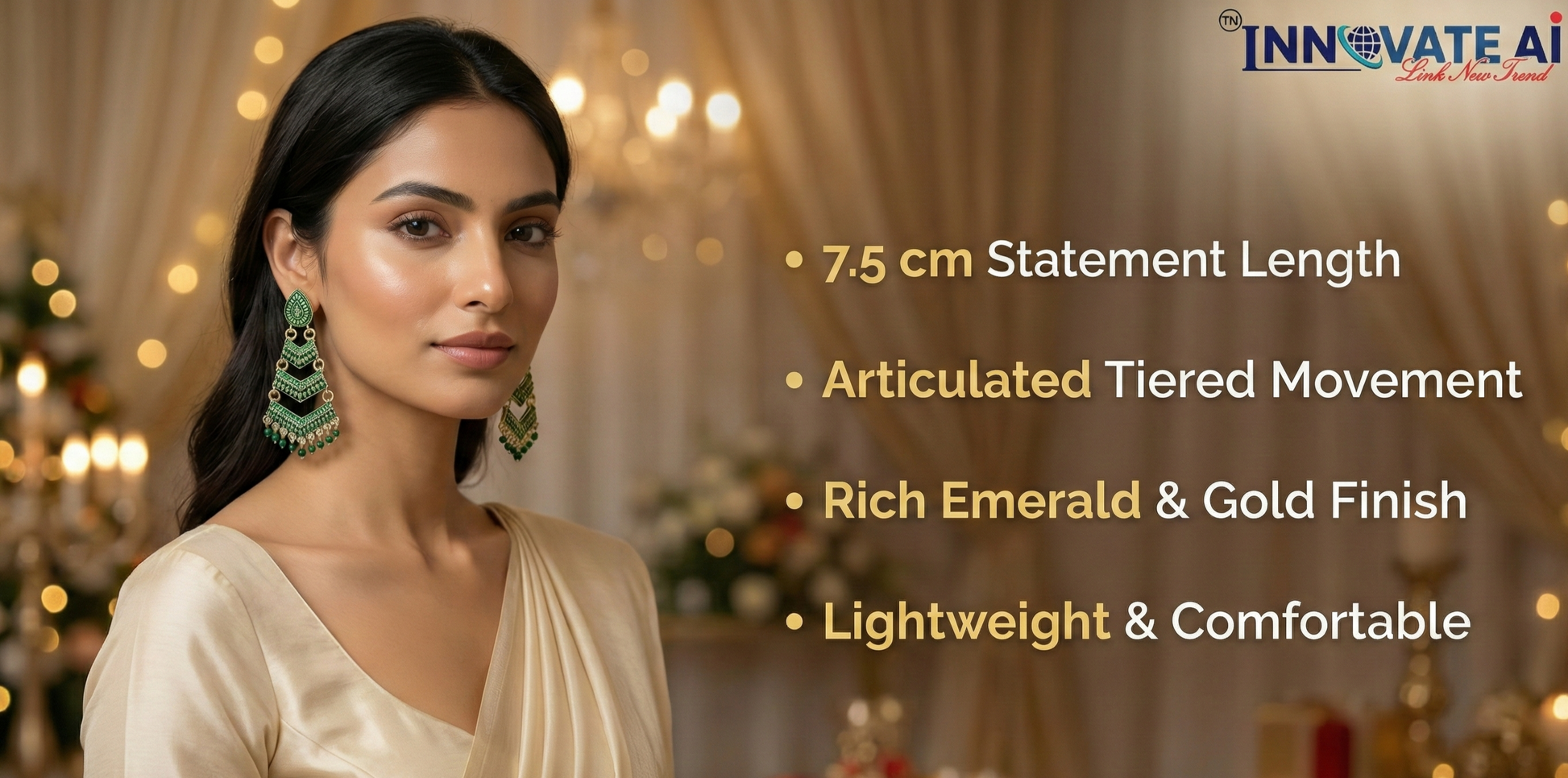 Close-up view of premium artificial Green Meenakari Gold Plated Layered Drop Earrings with Pearl Hanging by Innovate Art Impex.