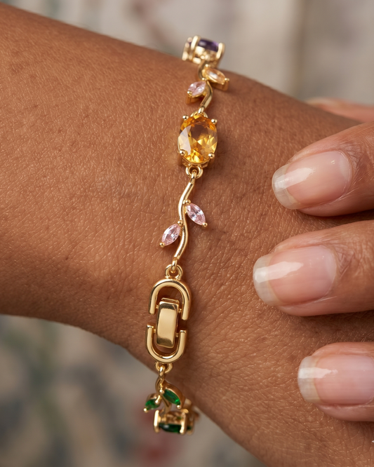 Rainbow Vine Multi-Gemstone Bracelet - Gold Plated Botanical Leaf Link Design with Oval Ruby, Sapphire, Emerald, Amethyst & Citrine