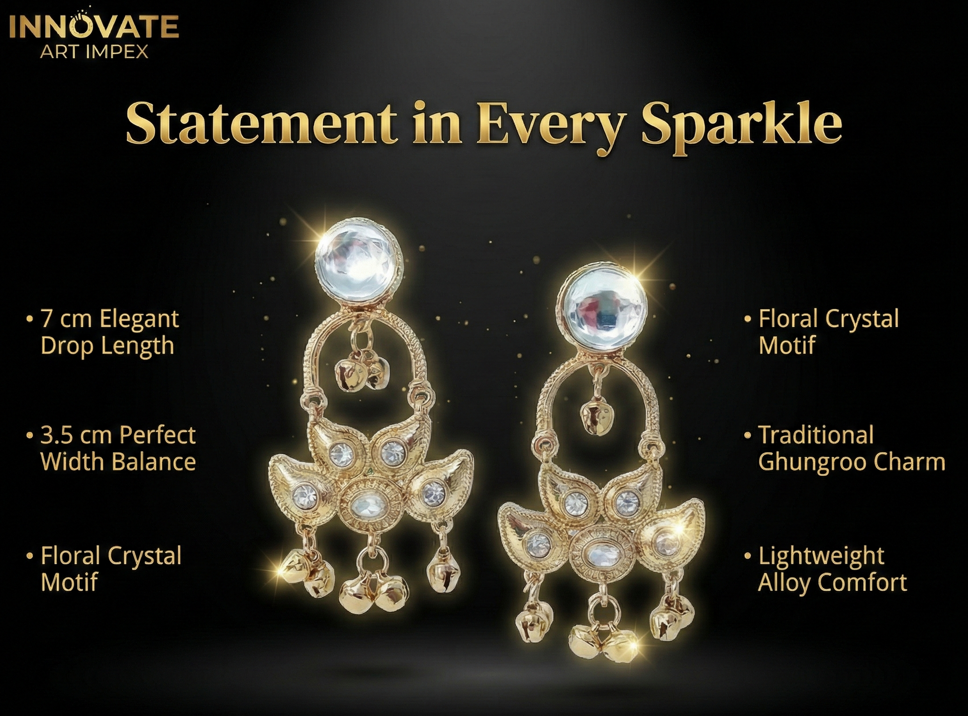 Close-up view of premium artificial Traditional Gold Plated Kundan Style Chandelier Earrings with Ghungroo by Innovate Art Impex.