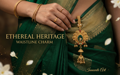 Traditional Antique Gold-Toned Filigree Saree Challa Waist Keychain for Women | Artificial Ethnic Kamarbandh Ornament with Green Oval Center & Jhumki Drop | INNOVATE ART IMPEX
