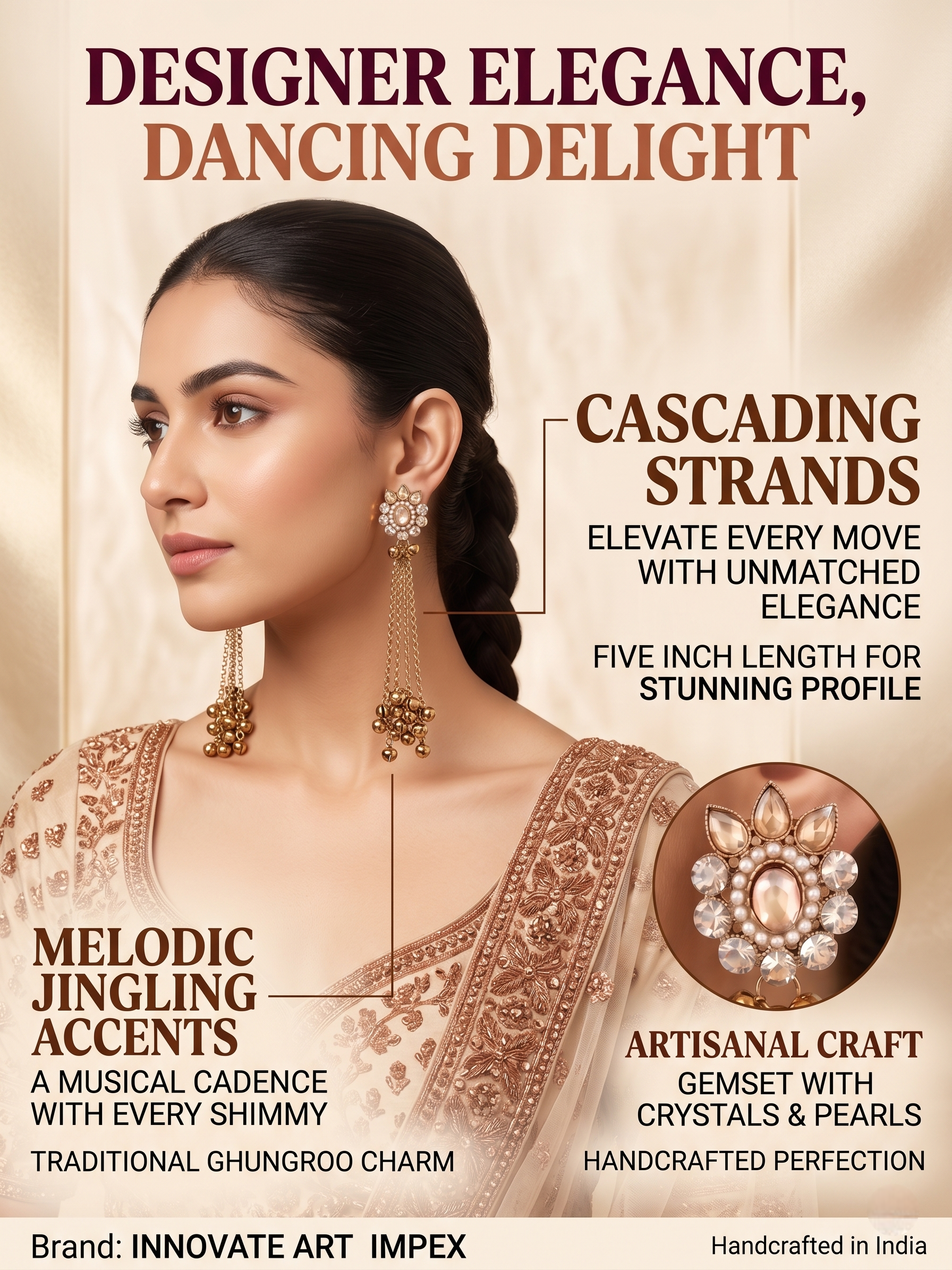 Advertisement for a necklace with intricate details and a model wearing it, highlighting features like 'Cascading Strands' and 'Melodic Jingling Accents'.