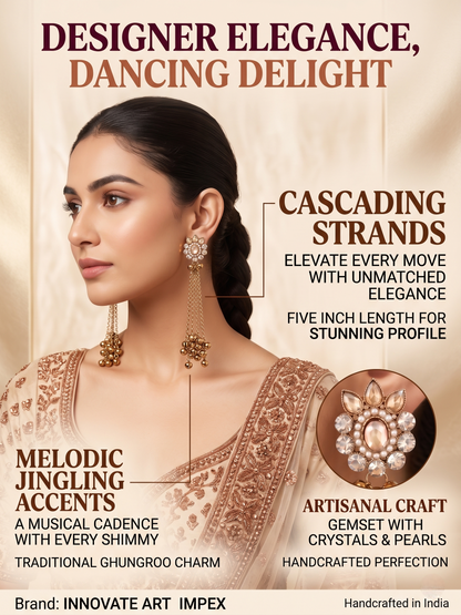 Advertisement for a necklace with intricate details and a model wearing it, highlighting features like 'Cascading Strands' and 'Melodic Jingling Accents'.