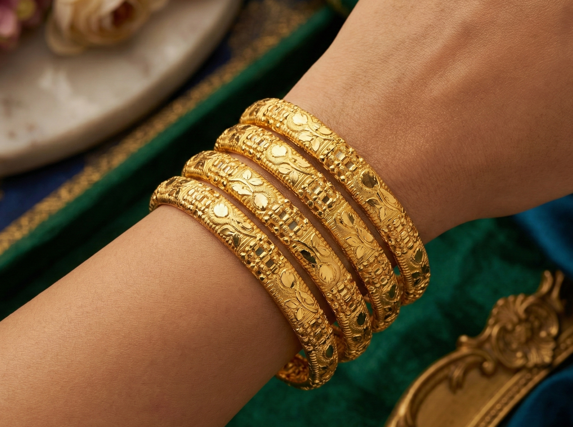 Close-up view of premium artificial INNOVATE ART IMPEX Traditional Gold-Plated Bangles Set of 4 for Women (Size 2.6) | Antique Brass & Alloy Ethnic Churi | Handcrafted Daily & Festive Kada Set for Ladies & Girls by Innovate Art Impex.
