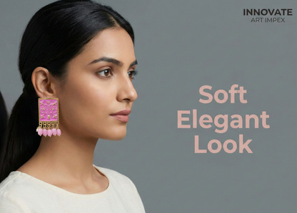 Close-up view of premium artificial Baby Pink Meenakari Gold Plated Pearl Drop Earrings for Women | Traditional Ethnic Dangle Earrings by Innovate Art Impex.