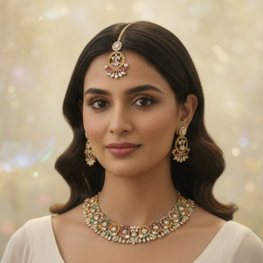 Close-up view of premium artificial Antique Gold Multi Color Stone Jewelry Set with Crescent Earrings & Maang Tikka by Innovate Art Impex.