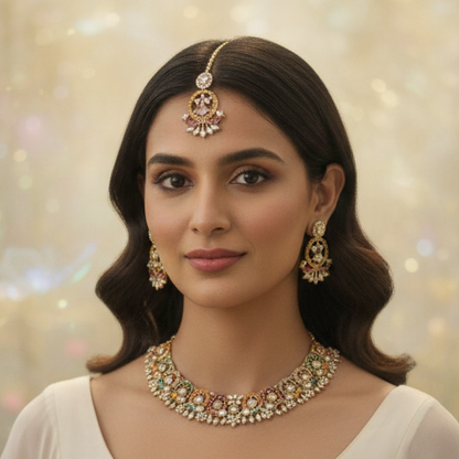 Close-up view of premium artificial Antique Gold Multi Color Stone Jewelry Set with Crescent Earrings & Maang Tikka by Innovate Art Impex.