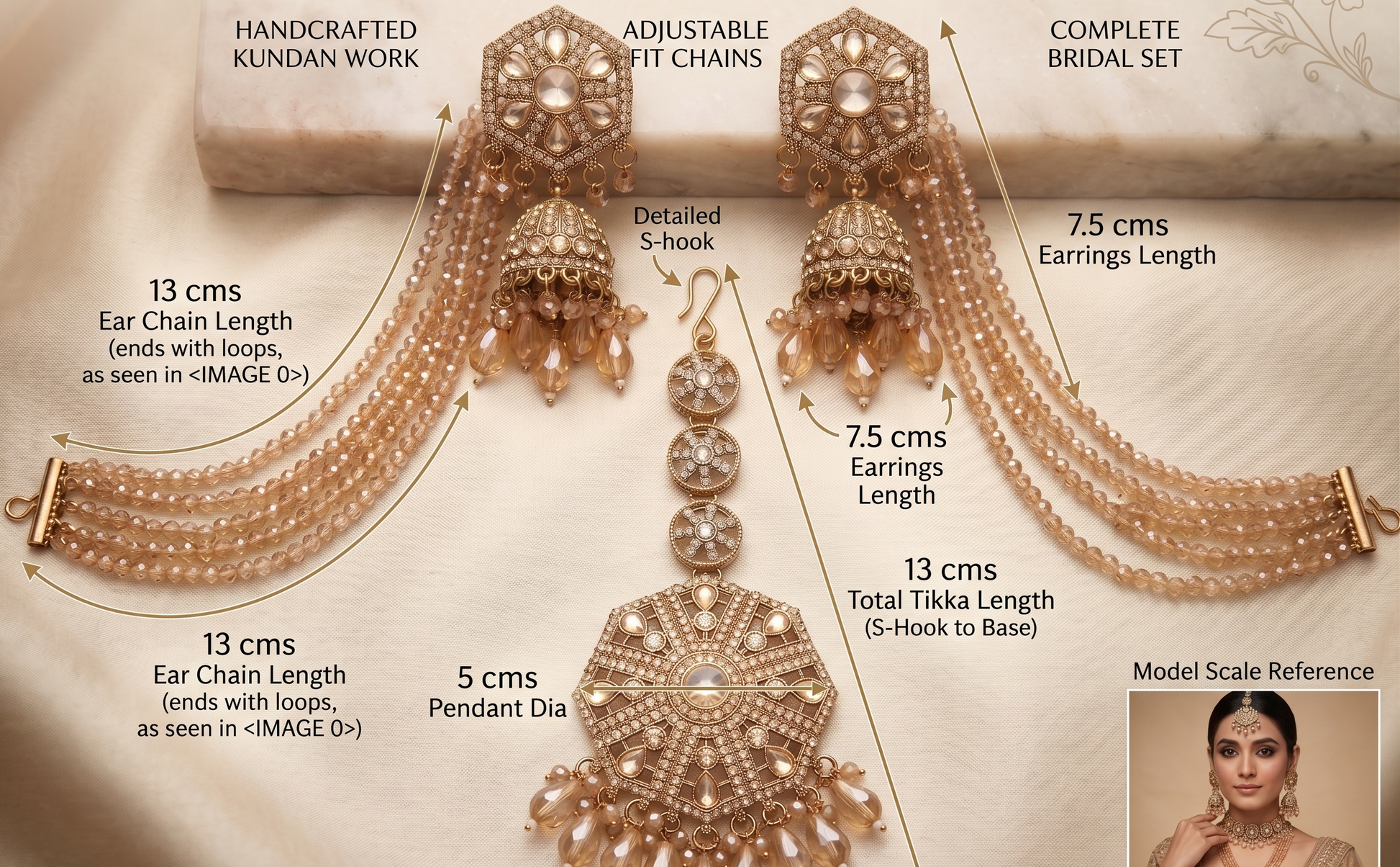 Jewelry set with detailed measurements on a neutral background