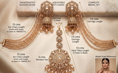 Jewelry set with detailed measurements on a neutral background