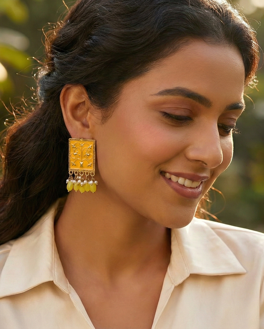 Close-up view of premium artificial Yellow Meenakari Gold Plated Pearl Drop Earrings for Women | Traditional Ethnic Dangle Earrings by Innovate Art Impex.
