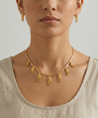 Close-up view of premium artificial Innovate Art Impex Gold Finished Filigree Teardrop Necklace with Jhumka Style Dangle Earrings   Ethnic Wedding Party Jwellery for Saree, Lehenga & Girls Dresses by Innovate Art Impex.