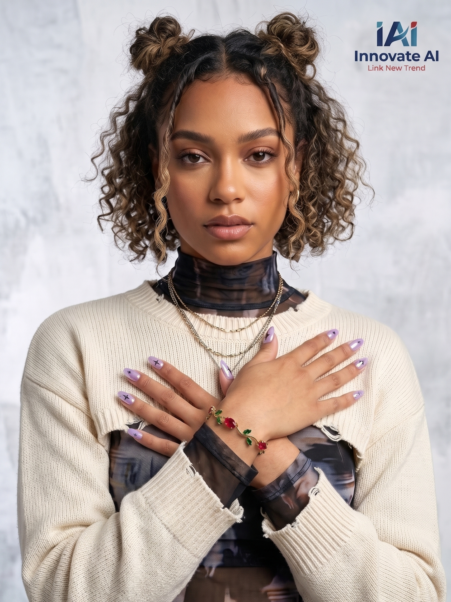 Elegant woman in traditional South Indian attire showcasing the delicate gold-toned botanical vine bracelet with red and green stones on her wrist.