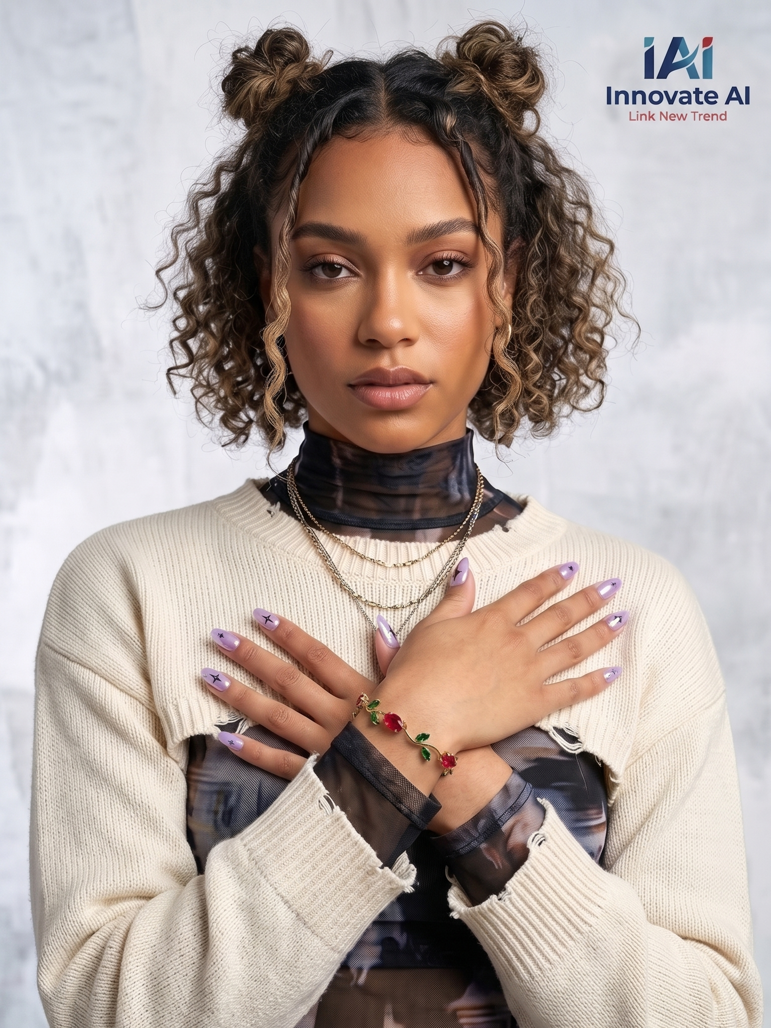 Elegant woman in traditional South Indian attire showcasing the delicate gold-toned botanical vine bracelet with red and green stones on her wrist.