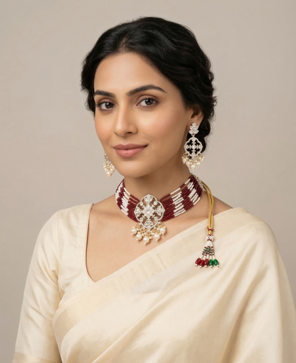 Close-up view of premium artificial Designer Silver-Plated Kundan Choker Set with Multi-Strand Seed Beads & Drop Earrings by Innovate Art Impex.