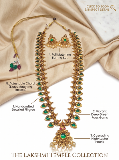 Premium Gold Plated Long Temple Necklace Set | Green Stone Mango Mala Rani Haar with Earrings | INNOVATE ART IMPEX