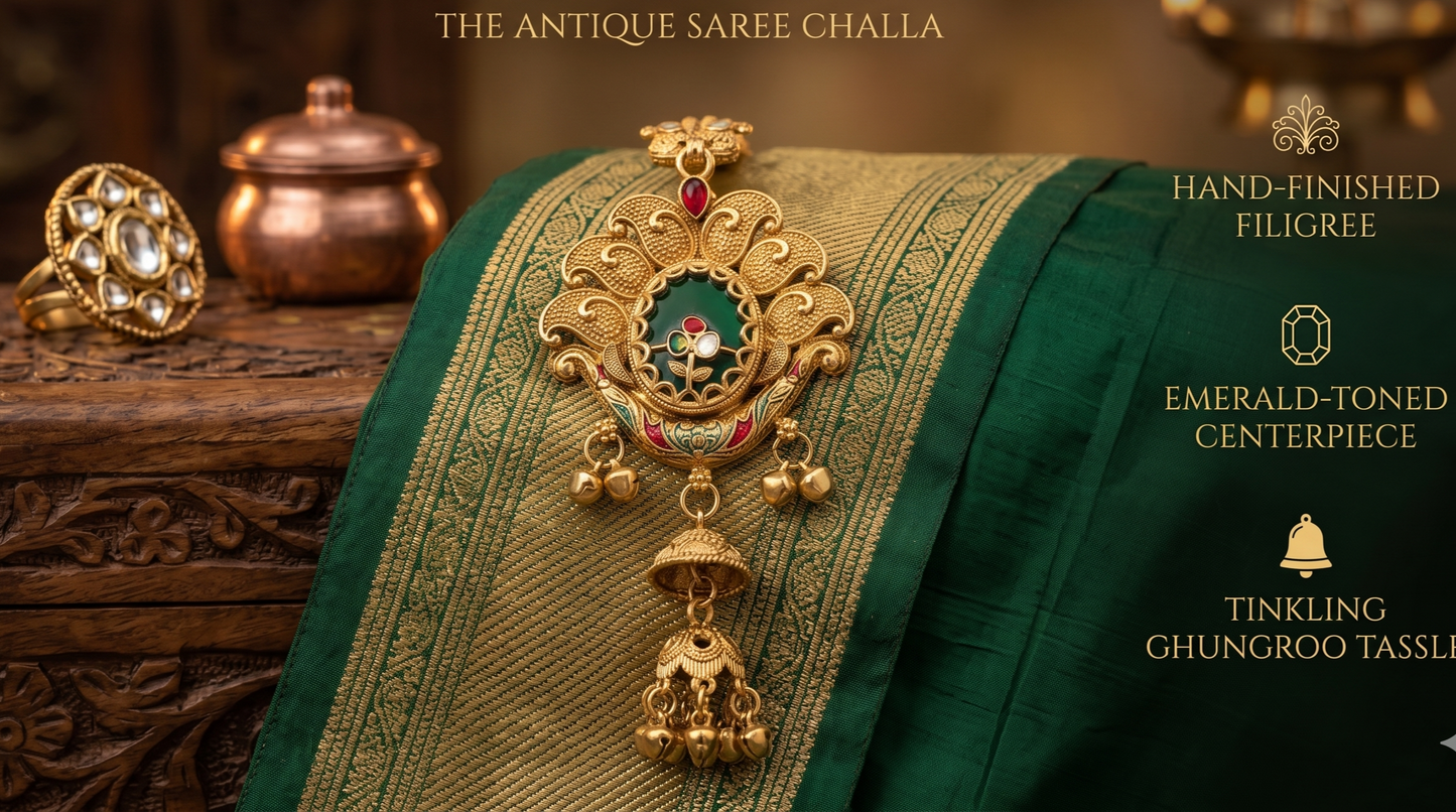 Traditional Antique Gold-Toned Filigree Saree Challa Waist Keychain for Women | Artificial Ethnic Kamarbandh Ornament with Green Oval Center & Jhumki Drop | INNOVATE ART IMPEX