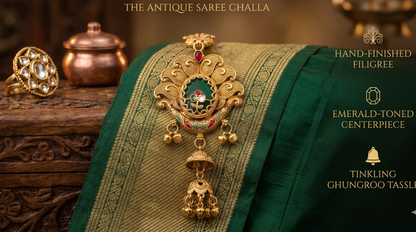 Traditional Antique Gold-Toned Filigree Saree Challa Waist Keychain for Women | Artificial Ethnic Kamarbandh Ornament with Green Oval Center & Jhumki Drop | INNOVATE ART IMPEX