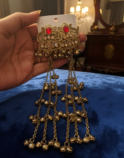 Close-up view of premium artificial Indian Ethnic Long Drop Earrings   Gold Plated Ghungroo Jewelry for Festive Wear by Innovate Art Impex.