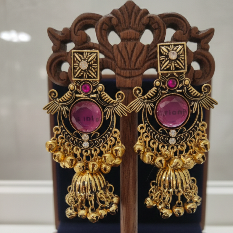 Close-up view of premium artificial Royal Wine Antique Gold Chandbali Jhumka Earrings by Innovate Art Impex.