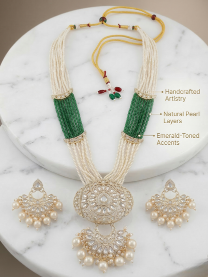 Close-up view of premium artificial Traditional Bridal Long Haram Set with Intricate Kundan Pendant and Seed Beads by Innovate Art Impex.