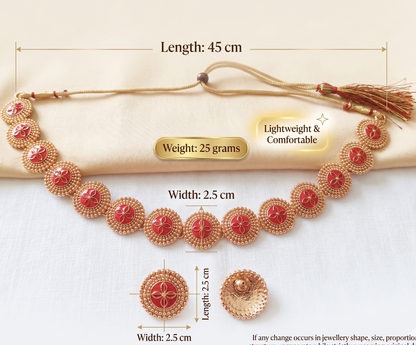 Size guide showing the artificial red choker is 45cm long, 2.5cm wide, and lightweight at 25 grams.