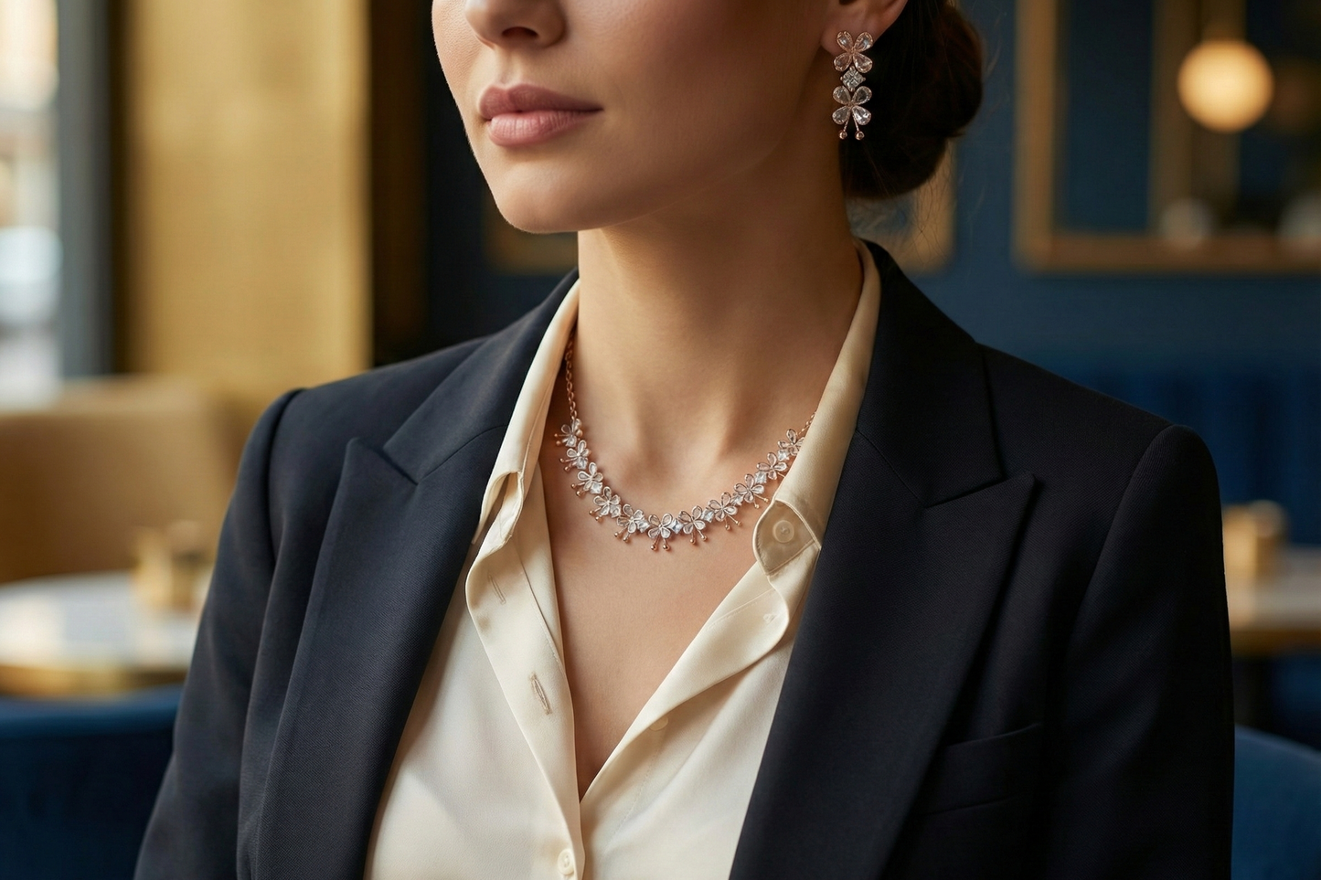 Close-up view of premium artificial Rose Gold Floral Crystal Necklace and Earrings Set by Innovate Art Impex.