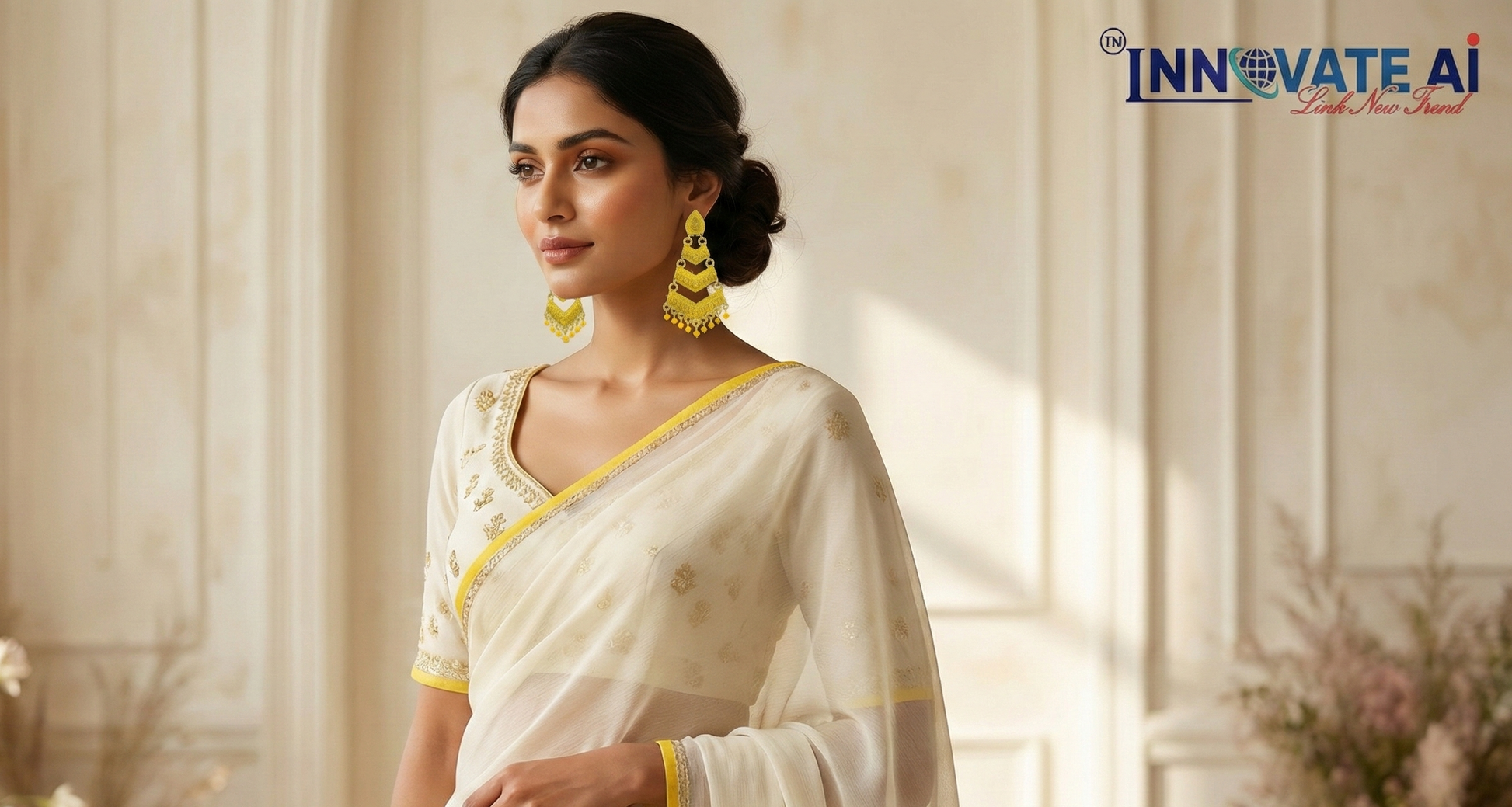 Close-up view of premium artificial Yellow Meenakari Gold Plated Layered Drop Earrings with Pearl Hanging by Innovate Art Impex.
