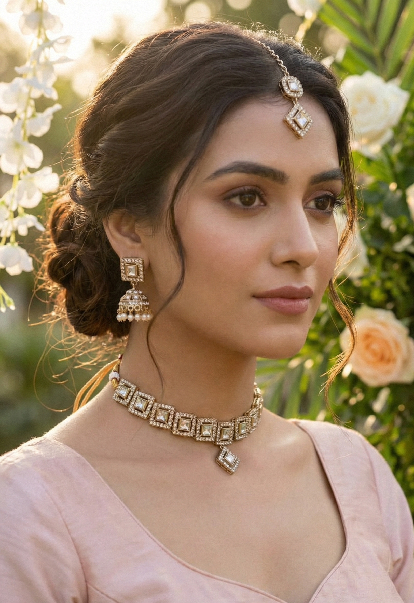 Close-up view of premium artificial Royal Antique Gold Chandbali Jhumka Earrings for Women | Premium Traditional Ethnic Jewellery | Wedding, Festive & Party Wear by Innovate Art Impex.